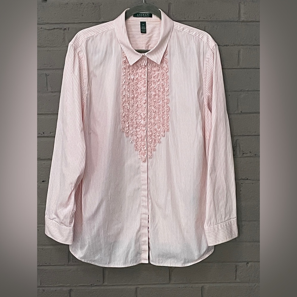 Lauren Ralph Lauren ruffle front stripe shirt 3X - Picture 2 of 13